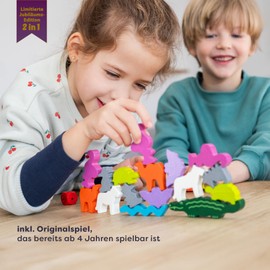 Tier auf Tier Deluxe Version – Stapel- und Würfelspiel aus Holz mit 30 bunten Tieren und Wippe, Wackelspaß für die ganze Familie, Spiel ab 4 Jahren – 2012205001