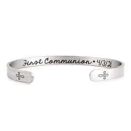 First Communion Gifts for Girls Boys Rosary Bracelet Holy Communion Cuff Bangle Bracelets for Women Silver Adjustable Bracelets Religious Gifts for First Communion… (silver)