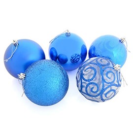 Mr Crimbo Set Of 5 Large Round Christmas Tree Baubles Shiny Mirrored Matt Glittery Swirled Patterns, Blue 10cm