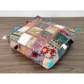 CRAFT KALA Large Square Mandala Patch Work Cotton Floor Pillow & Cushion Cover Meditation Boho Bohemian Cushion Pouf Cover Seating for Yoga Living Room Balcony Office Outdoor 16x16x5 Inches, Grey