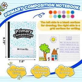 Henoyso 12 Pcs Primary Journal Composition Notebook K-2 64 Pages Primary Ruled Books for 1st 2nd Grades Kids Writing Drawing Practice Notebooks for Preschool Kindergarten Elementary School (12 Color)