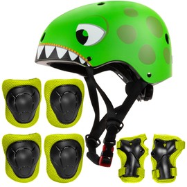 Niftii Kids Helmet with Pads - Adjustable Multi-Sport Complete Safety Gear for Cycling, Skateboarding & Scooting, Ideal for Boys & Girls Ages 3-15 Kids Bike Helmet Set, Dino