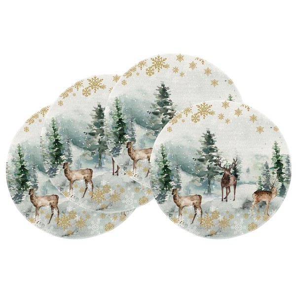 Set of 4 Watercolour Reindeer Tree Christmas Round Placemats, Christmas