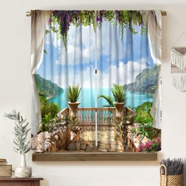 Tropical Natural Scenery Curtains, Vacation Theme Vintage Medieval Lush Floral Decor Exotic Seaside Castle Balcony, Blackout Rod Pocket Window Treatments for Living Room Bedroom (21x45in) x2 Panels