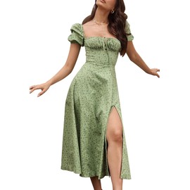 Women Elegant Floral Print Puff Sleeve Ruched A-Line Split Party Long Maxi Dress Green M