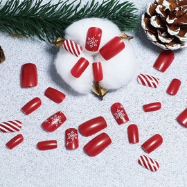 Christmas Press on Nails Square Medium Red French Tip Acrylic Nails with Snowflake Design False Nails Red Christmas Nails Full Cover Coffin Fake Nails Xmas Nail Art Decorations Glue on Nails for Women