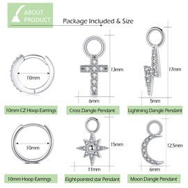 CERSLIMO Silver Dangle Hoop Earrings for Womens Girls - 2 Pairs Silver Earrings & 4 Pairs Silver Dangle Pendants | S925 Sterling Silver Earrings Cross Moon Lightning Eight-pointed Star Dangly Earrings