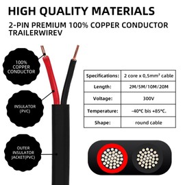 Qiping Flat 2 Core Cable Twin Red/Black Copper Trailer Caravan Auto Boat Cable Wire 12V/24V,Suitable for LED Light Wiring Connections(2 Core 0.5mm²,10M)