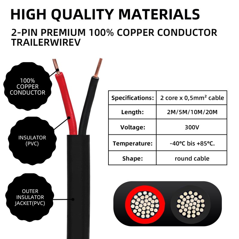 Qiping Flat 2 Core Cable Twin Red/Black Copper Trailer Caravan