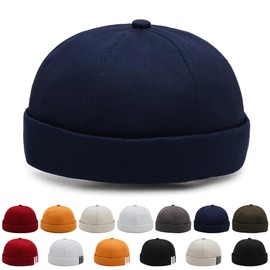 YKDLLF Summer Docker Cap Cotton Docker Cap Men's Adjustable Sailor Hat Cap Without Visor Retro Brimless Hat Rolled Cuff Fisherman Hat Short Docker Cap, hidden blue 2, 57