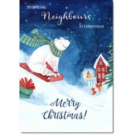 doodlecards Neighbours Christmas Card Bear on Sled Medium Size Christmas Card for Neighbours with Plain Envelope