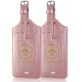 ACdream Luggage Tags 2 Pack, Leather Suitcase Tags Identifiers, Cute Cruise ID Labels with Privacy Cover fits on Backpack, Travel Bag, for Women, Men, Adults, Kids, Rose Gold