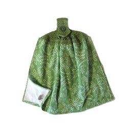 Green Sketched Daisies Towel - Double Thickness Hanging Kitchen Portugese Towel - Green Cotton Crochet Top