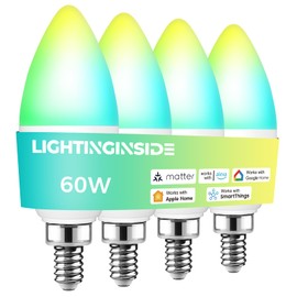 Lightinginside Matter E12 Smart Light Bulbs 60W Equiv., Compatible with Alexa/Apple Home/Google Home/SmartThings, RGBCW Candle Candelabra Chandelier Bulb, 2.4G WiFi, ETL Listed, Hub Required, 4PCS