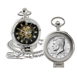 American Coin Treasures U.S. Coin Pocket Watch with Skeleton Movement | JFK Half Dollar | Sweeping Second Hand, Magnifying Glass | Silvertone Case | Certificate of Authenticity