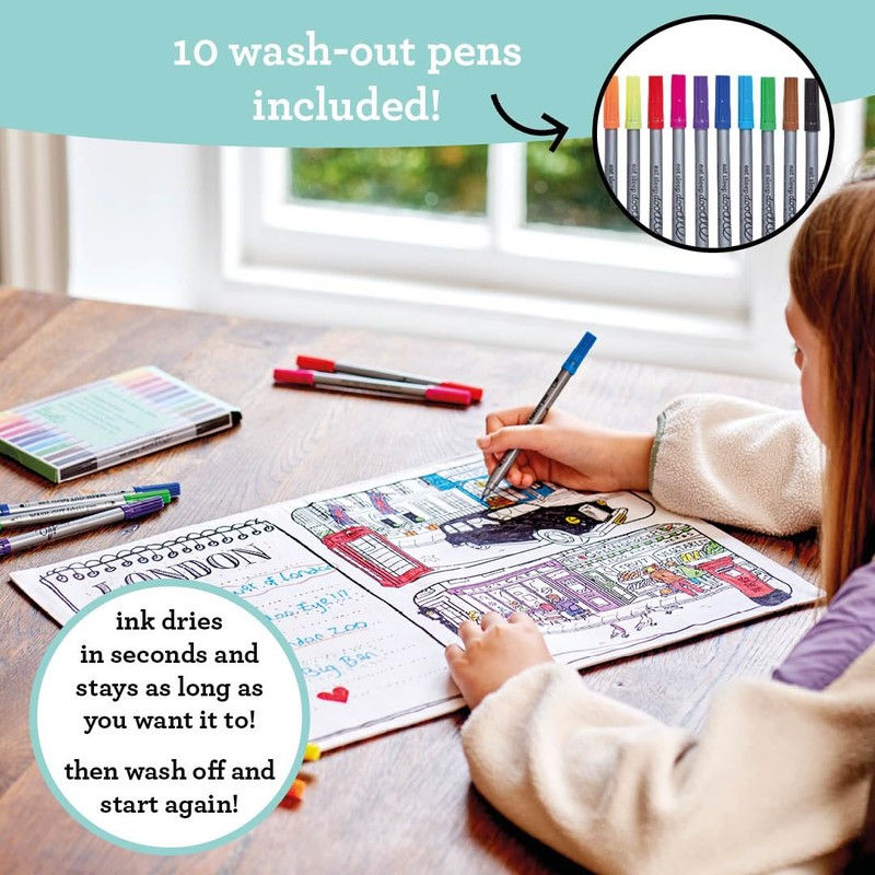 eatsleepdoodle Colouring Placemat for Kids w/10pk Washable Markers - Features