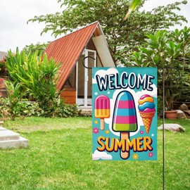 HOMFREEST Summer Ice Cream Welcome Garden Flag 12x18 Inch Double Sided Burlap Outside Hello Summmer Blue Decorative Small Yard Flag Farmhouse Outdoor Decoration