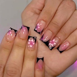 24Pcs Pink Flower Press on Nails Short Square Fake Nails Black French Tip False Nails with White Line Design Glossy Glue on Nails Full Cover Artificial Nude Stick on Nail for Women Decorations Tips