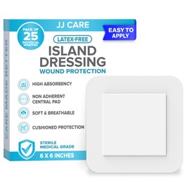 JJ CARE Adhesive Island Dressing [Pack of 25], 6x6 Sterile Bordered Gauze, Breathable Island Wound Dressing, Individually Wrapped Adhesive Gauze Bandages with Non-Stick Central Pad