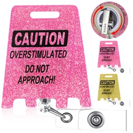 Leinuosen Caution Overstimulated Badge Clip Do Not Approach Pink Holder Clips Funny Cool Glitter Badge Reel Accessories Office Work ID Tag Card Holder for Doctor Nurses Office Workers