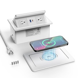 QBA Pop up Power Outlet with 15W Wireless Charger, Recessed Power Strip with USB-C PD 20W, 2 Outlets, Desk Charging Station for Conference Room Kitchen Countertop, ETL Listed