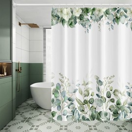 Umpoo Eucalyptus Leaves Shower Curtain Green Leaf White Flowers Nature Plants for Bathroom Modern Style Home Decor Waterproof Polyester Fabric Shower Curtain with Hooks, 72x96 Inch
