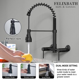 FELIXBATH Wall Mount Kitchen Faucet, 8 Inch Center Wall Mount Kitchen Sink Faucet with Pull Down Sprayer, Commercial Wall Mount Faucet (Matte Black)