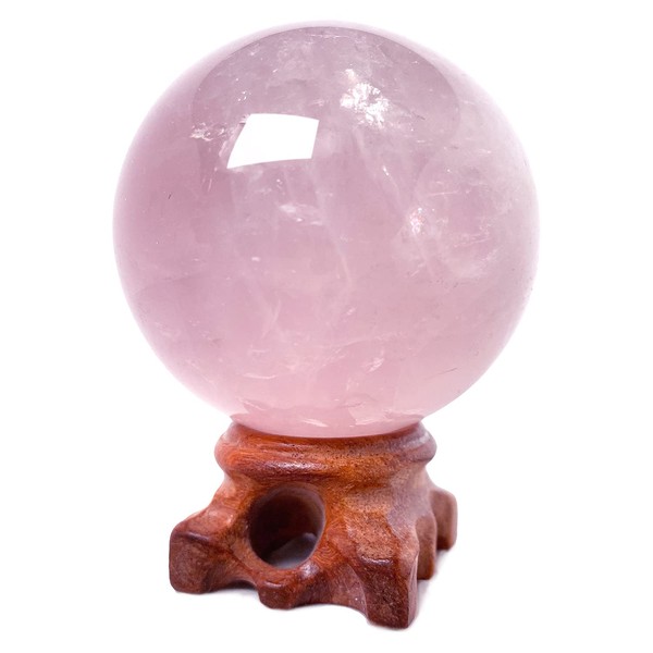 Crystal Quartz Ball with Wooden Stand, Natural Crystal Healing Mineral Love Stone Ball Divination Ball Sculpture Figure (Rose Quartz, 60mm)