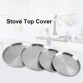 Set of 4 Electric Stove Burner Covers, Family Silver Round Stove Burner Covers 2 Pieces 8.3 Inch and 2 Pieces 6.7 Inch Stainless Steel Gas Range Top For Expanding Counter Space Stovetop Decor