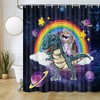 Unicorn Dinosaur Shower Curtain Fantasy Galaxy Planet Starry Funny Kids