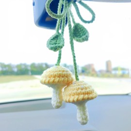 Mushroom Car Accessories, (Glue Free) Safe Crochet Car Mirror Hanging Accessories, Cute Crochet Car Accessories for Women, Rear View Mirror Accessories Car Hanging Ornament, Bag Charms