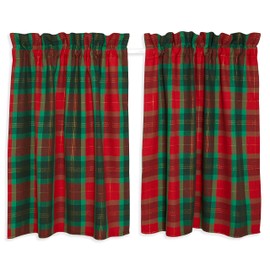 Cackleberry Home Red and Green Christmas Plaid with Gold Lurex Cafe Curtains 28 Inches W x 24 Inches L Woven Fabric, Set of 2