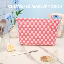 PAZIMIIK Knitted Checkered Makeup Bag Large Zipper Make Up Accessory Pouch for Purse Cosmetic Brush Bag for Travel Essential Pink White