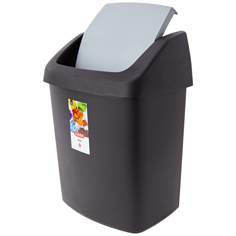 Curver Waste Bin with Swinging Lid, Black/Grey, 15 Litre