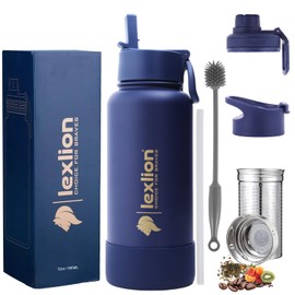 Lexlion Tea Infuser Bottle - Fruit Infuser Water Bottle 32 Oz, Triple Walled Insulated Stainless Steel Bottle, Thermal Leaf Infuser, Silicone Sleeve, Cleaning Brush, 3 Lids Leakproof, Metal Mug Gallon