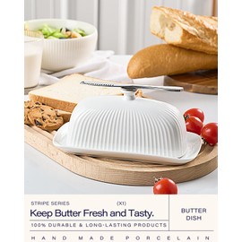 Getstar Ceramic Butter Dish with Lid and Stainless Steel Knife for Countertop, with Magnet to Attract Knife, Fit West East Coast Butter (White)