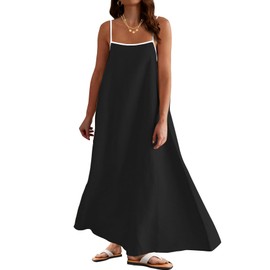 BQDCQB Womens Summer Maxi Dress 2025 Spaghetti Strap Dress Linen Sleeveless Backless Flowy Long Beach Dresses(BlackX1-S)