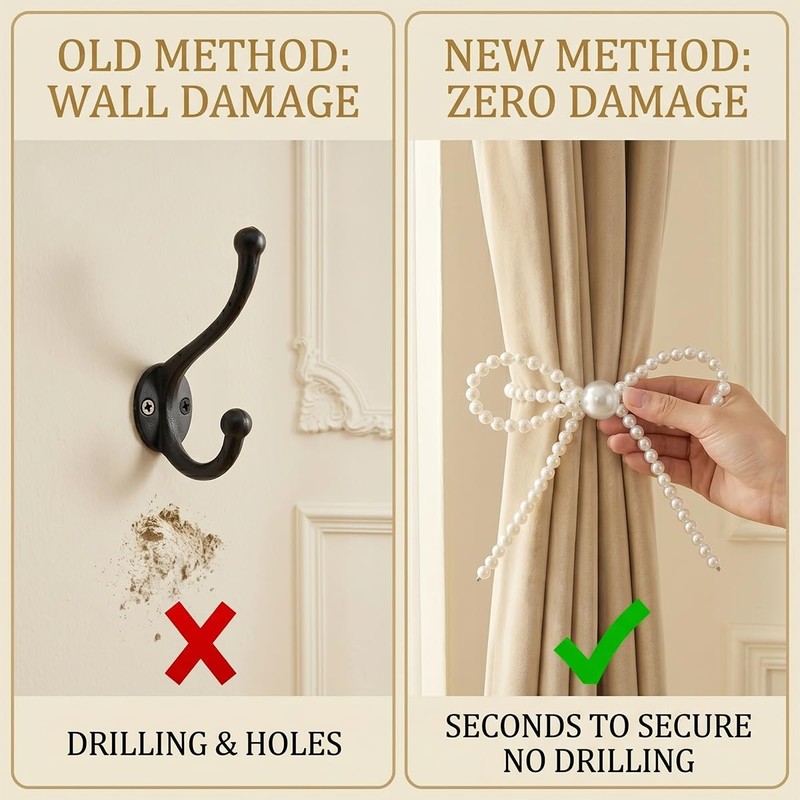 No Drill Magnetic Curtain Tiebacks, 2 Pcs Elegant Pearl Bow