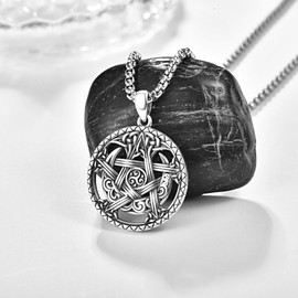 KATHLU Viking Runes Triskelion Pentagram Celtic Knot Moon Necklace for Men Women 925 Sterling Silver Celtic Knot Triskelion Star of David Pendant Coin Tri-Bend Peg Jewellery, Sterling Silver