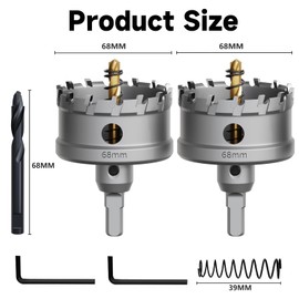 METOTY 2 x 68 mm hole saw metal, carbide hole saw, carbide drill bit, with an additional nitrided step guide drill and L-wrench, for steel, iron, aluminium, metal