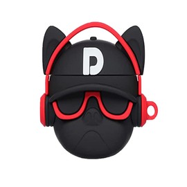 EJOSHELL 3D Animal Hiphop Bull Dog Silicone Case Compatible with Airpods2 Aiprods Puppy Pet Black Red Headphone Cover Cool Keychain, Bulldog Black with red airpods