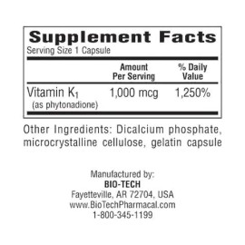 BioTechUSA Vitamin K1 1000 Capsules 100 Count Natural Supplement for Cardiovascular Health