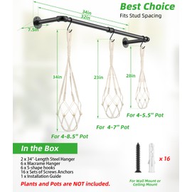 2Pcs Plant Hanging Rod, with 6Pcs Macrame Plant Hangers and 6 Hooks, 32" Plant Hanger Indoor, Hanging Planter for Indoor Plants, Window Wall Ceiling Plant Hanger (POTS & PLANTS NOT INCLUDED)