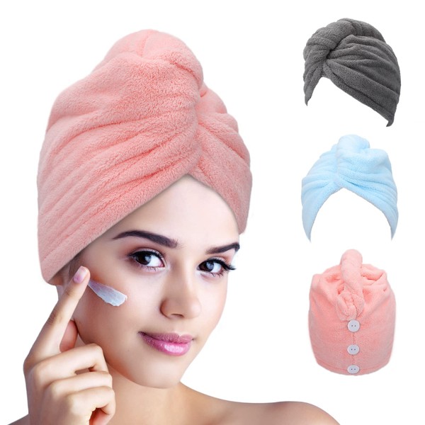 FREATECH 3-Pack Microfiber Hair Towel - Super Soft and Absorbent Hair Turban with 3 Buttons for Wet Hair, Dry Hair Quickly Without Damage & Frizz, Hair Wrap Towel for Women Long, Curly and Thick Hair