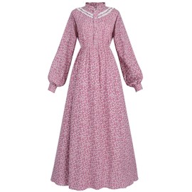 FCCAM Pioneer Colonial Costume for Women Floral Prairie Dress American Historical Modest Civil War Dress Pink XL
