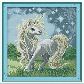 Stitchmelody 14CT Counted Cross Stitch Kits,DMC Unprinted Pattern Embroidery Set Needlework-Beautiful Unicorn 13.4''×13.4''