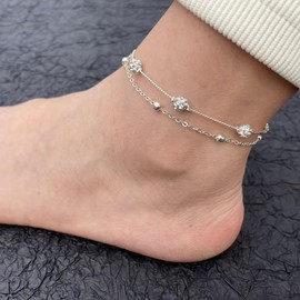 Cubahop Double Layer Beach Bling Crystal Ankle Bracelets Summer Foot Accessories Jewellery for Women and Girls (Silver)