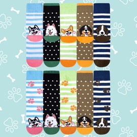 Chalier Cozy 5 Pairs Womens Socks Cat Gifts for Ladies Funny Dog Socks Cute Animal Gifts for Women,One Size,Striped Dog