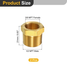 sourcing map 2Pcs 1/2 NPT Male x 3/8 NPT Female Brass Reducer Hex Bushing Threaded Pipe Fitting, Brass Threaded Pipe Fitting Adapter for Water, Gas, Oil Pipeline Systems