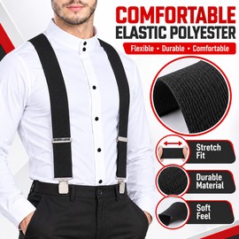 Men’s Heavy-Duty 2-Inch X-Back Suspenders with Adjustable Elastic Straps and 4 Strong Clips